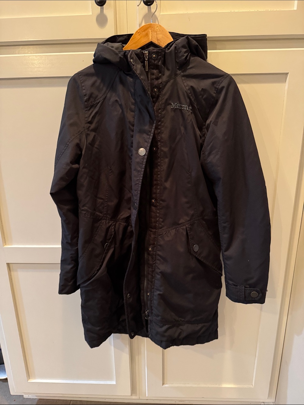 Marmot Black Hooded Parka with Snap Placket
